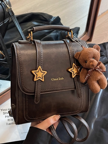 Vintage British Preppy Style PU Leather Small Square Bag Multi Functional Backpack Handbag Crossbody Bag With Bear Charm For Women