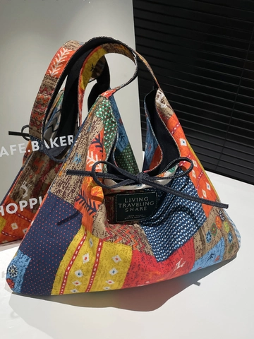 Borsa Tote in Tela Patchwork Etnica Grande Capacità Borsa a Spalla da Donna Con Chiusura a Nastro Bohémien Stampata
