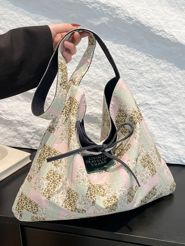 Borsa Tote in Tela Patchwork Etnica Grande Capacità Borsa a Spalla da Donna Con Chiusura a Nastro Bohémien Stampata