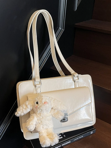 Korean Style Women PU Leather Underarm Shoulder Bag Minimalist Commuter Tote Bag With Rabbit Charm Solid Color Square Bag