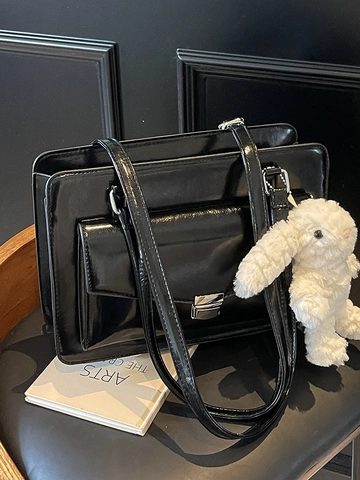 Korean Style Women PU Leather Underarm Shoulder Bag Minimalist Commuter Tote Bag With Rabbit Charm Solid Color Square Bag