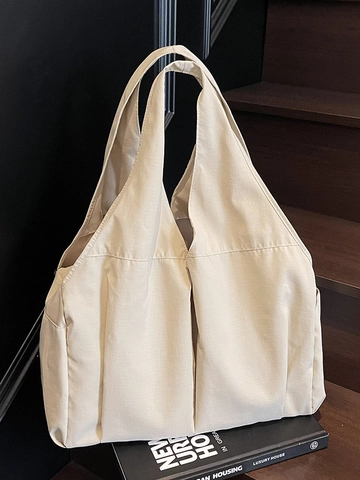 Borsa Tote in Tela a Grande Capacità Minimalista Pieghettata Borsa a Tracolla Tinta Unita Leggera Pendolare per Donna