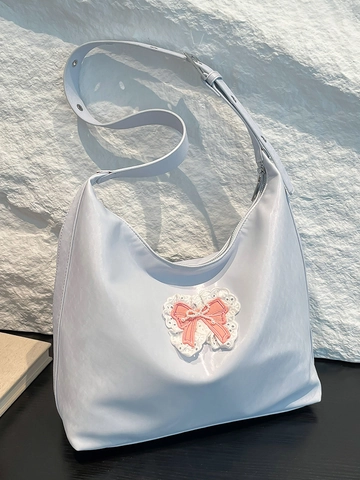 Women Sweet PU Leather Tote Bag Fashion Large Capacity Shoulder Crossbody Bag With Lace Bow Decor Versatile Commuter Handbag