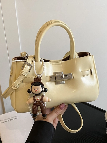Women Korean Design Water-Wax PU Leather Bucket Crossbody Bag Versatile Handbag With Cartoon Doll Pearl Charm Elegant Shoulder Bag