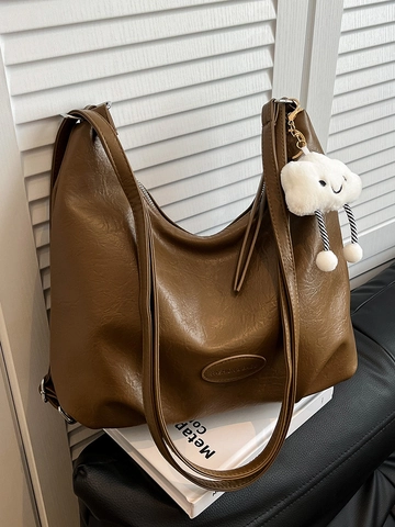 Women Retro Soft PU Leather Tote Bag Large Capacity Hobo Shoulder Bag With Cloud Pendant For Daily Commute Versatile Bag