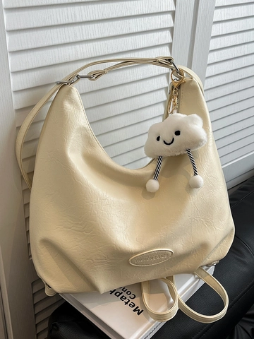 Women Retro Soft PU Leather Tote Bag Large Capacity Hobo Shoulder Bag With Cloud Pendant For Daily Commute Versatile Bag