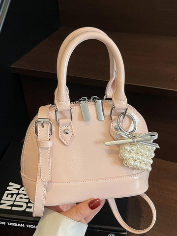 Borsa a Tracolla a Guscio da Donna Casual in Pelle PU Lucida con Ciondolo a Cuore di Perle Borsa a Mano a Cupola