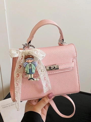 Elegant PU Leather Kelly Style Handbag For Women Litchi Texture Crossbody Bag With Lace Bow Pearl Cartoon Doll Charm Small Square Bag