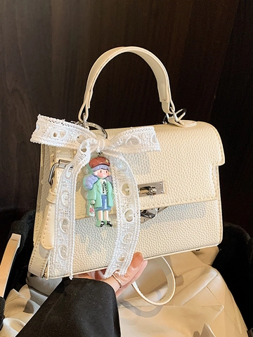 Elegant PU Leather Kelly Style Handbag For Women Litchi Texture Crossbody Bag With Lace Bow Pearl Cartoon Doll Charm Small Square Bag
