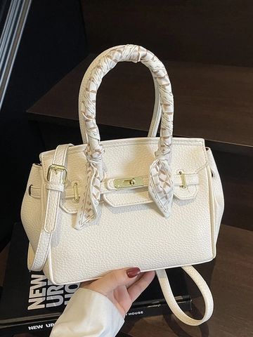 Elegant Lychee Pattern PU Leather Handbag For Women Stylish Crossbody Bag With Silk Scarf Handle And Metal Lock Office Commute Top Handle Bag