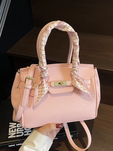 Elegant Lychee Pattern PU Leather Handbag For Women Stylish Crossbody Bag With Silk Scarf Handle And Metal Lock Office Commute Top Handle Bag