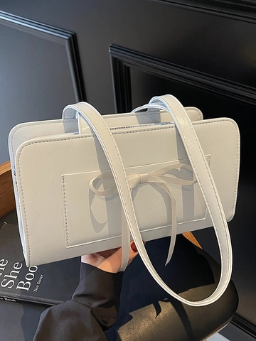 Sac Sous le Bras en Cuir PU Avec Nœud pour Femme Sac à Épaule Rectangulaire Minimaliste Polyvalent pour le Quotidien