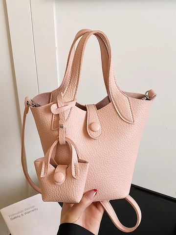 Minimalistische Litschi Muster Damen Eimer Tasche Mode PU Leder Handtasche Mit Mini Anhänger Vielseitige Umhängetasche