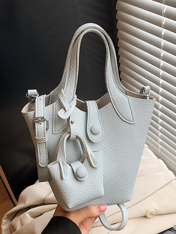 Minimalistische Litschi Muster Damen Eimer Tasche Mode PU Leder Handtasche Mit Mini Anhänger Vielseitige Umhängetasche