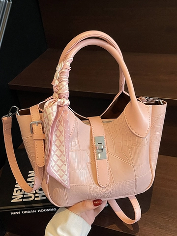Borsa a Secchiello da Donna in Pelle PU Con Sciarpa di Seta Motivo in Pietra Borsa a Tracolla Serratura Metallo Borsa