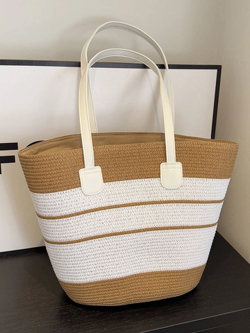Grand Sac Cabas de Plage Tissé à Rayures pour Femmes Avec Chapeau de Soleil Assorti Sac à Épaule en Paille pour Vacances