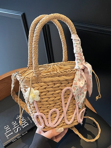 Women Straw Bucket Bag Hello Embroidery Floral Decor Satin Scarf Handle Drawstring Summer Beach Vacation Style Crossbody Bag