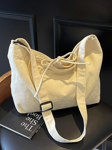 Damen Große Kapazität Canvas Tote Bag Casual Student Umhängetasche Mit Kordelzug Einfacher Stil Einfarbig Handtasche