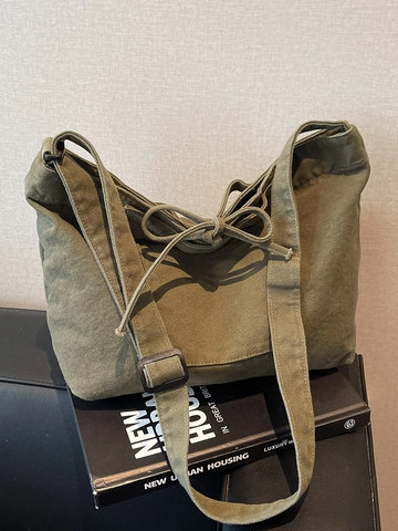 Damen Große Kapazität Canvas Tote Bag Casual Student Umhängetasche Mit Kordelzug Einfacher Stil Einfarbig Handtasche