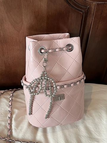 Sac Seau Matelassé en Losange pour Femmes en Cuir PU Style Coréen Avec Bandoulière Chaîne Pendentif Noeud Sac à Bandoulière