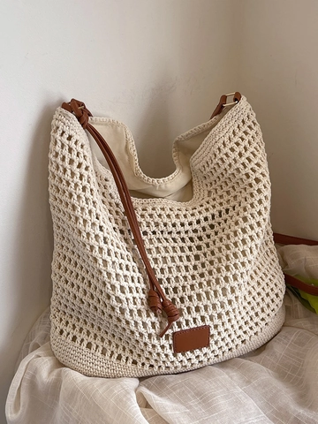 Neue Damen Hohl Geflochten Einkaufstasche Große Kapazität Schultertasche Bohemian Urlaub Häkeltasche Mit PU Leder Gurt