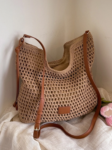 Neue Damen Hohl Geflochten Einkaufstasche Große Kapazität Schultertasche Bohemian Urlaub Häkeltasche Mit PU Leder Gurt