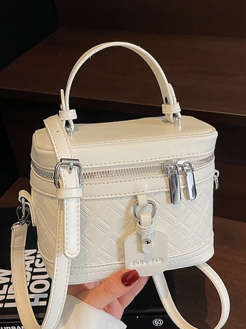 Borsa a Scatola Trapuntata a Rombi alla Moda per Donna Elegante Borsa a Mano in Pelle PU Con Doppia Cerniera Argento Tracolla