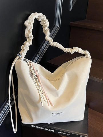 Women Ruched Strap Large Tote Bag PU Leather Hobo Crossbody Bag Solid Color Casual Commuter Shoulder Bag With Pendant