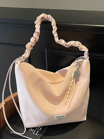 Women Ruched Strap Large Tote Bag PU Leather Hobo Crossbody Bag Solid Color Casual Commuter Shoulder Bag With Pendant