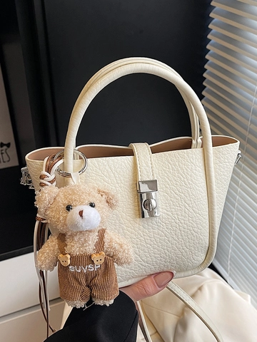 Borsa a Secchiello in Pelle PU con Grana Litchi per Donna Borsa a Mano Minimalista a Tracolla con Ciondolo Orsetto e Serratura in Metallo Argentato