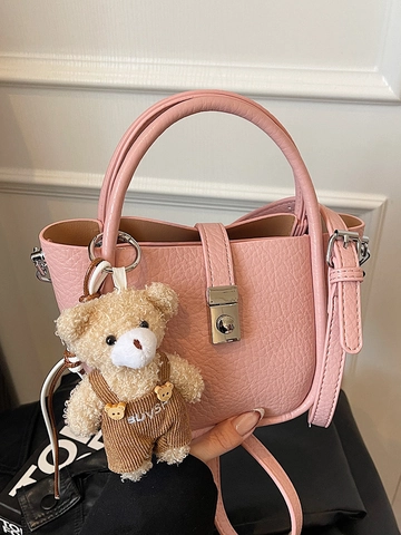 Borsa a Secchiello in Pelle PU con Grana Litchi per Donna Borsa a Mano Minimalista a Tracolla con Ciondolo Orsetto e Serratura in Metallo Argentato