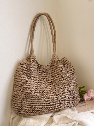 Women's Large Capacity Straw Woven Tote Bag Minimalist Holiday Style Casual Shoulder Bag For Summer Beach Vacation Gift