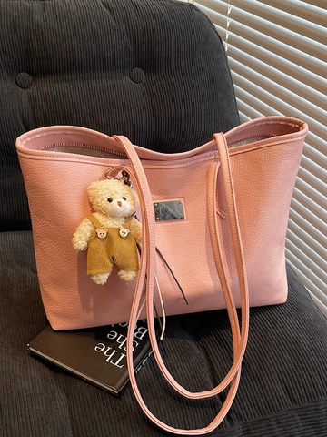 Simple Fashion PU Leather Tote Bag Large Capacity Solid Color Shoulder Bag With Bear Pendant Litchi Texture Handbag For Women