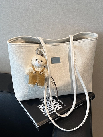 Simple Fashion PU Leather Tote Bag Large Capacity Solid Color Shoulder Bag With Bear Pendant Litchi Texture Handbag For Women