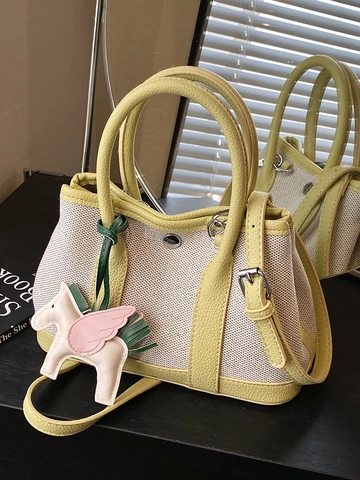 Bolso de Cubo de Patchwork de Lona y Cuero PU para Mujer Bolso Bandolera de Bloques de Color Con Colgante de Pegaso