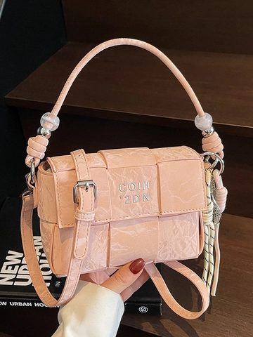 Women Minimalist PU Leather Woven Crossbody Bag Fashion Solid Color Quilted Handbag With Bead Tassel Charm Elegant Daily Commute Small Square Bag