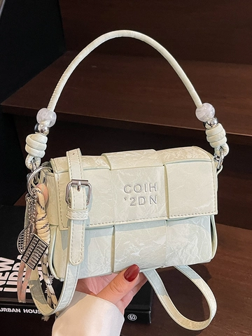 Women Minimalist PU Leather Woven Crossbody Bag Fashion Solid Color Quilted Handbag With Bead Tassel Charm Elegant Daily Commute Small Square Bag