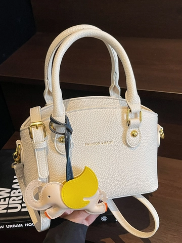 Sac à Main Femme Cuir PU Motif Litchi Élégant Sac Bandoulière Avec Pendentif Éléphant Matériel Doré Sacoche à Poignée Supérieure