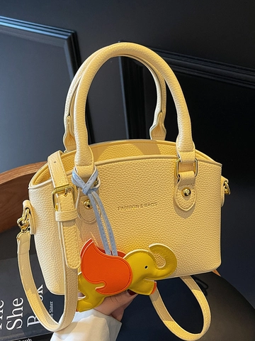 Sac à Main Femme Cuir PU Motif Litchi Élégant Sac Bandoulière Avec Pendentif Éléphant Matériel Doré Sacoche à Poignée Supérieure
