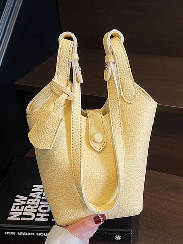 Borsa a Secchiello da Donna in Pelle PU Minimalista Coreana Motivo Litchi Borsa a Tracolla Pendolare Borsa a Spalla Versatile Casual