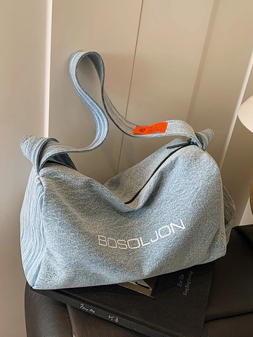 Dames Denim Crossbodytas Grote Capaciteit Japans Minimalistisch Casual Reizen Totetas met Lettera fdruk en Contrast Etiket