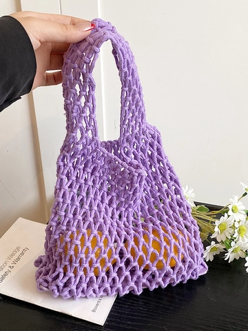 Sac à Main en Maille Tissé à la Main Ajouré Couleur Bonbon pour Femmes Été Plage Vacances Corde Tassel Fourre-tout Mode Polyvalent