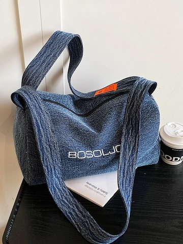 Dames Denim Crossbodytas Grote Capaciteit Japans Minimalistisch Casual Reizen Totetas met Lettera fdruk en Contrast Etiket