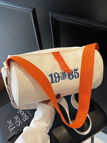 Borsa a Tracolla Cilindrica Boston in Tela Retro da Donna Casual Ricamata Tracolla a Contrasto Viaggio Palestra Borsa a Spalla