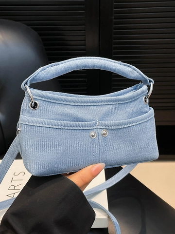 Mini Bolso Bandolera de Lona Denim para Mujer Bolso de Mano Casual Ligero Pequeño Color Sólido Bolso de Hombro Con Remaches