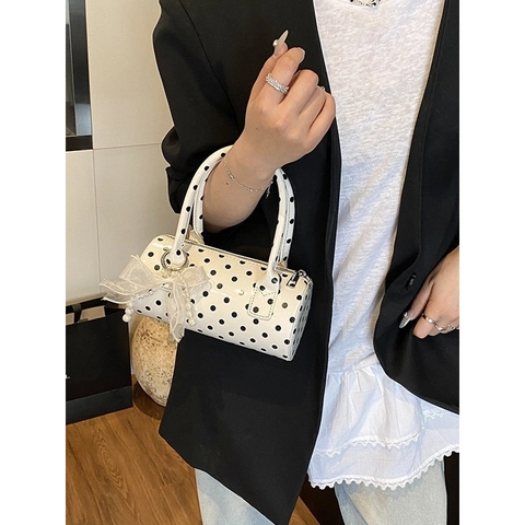 Women Polka Dot Barrel Handbag Sweet PU Leather Shoulder Crossbody Bag With Lace Bow Artificial Pearl Pendant Retro Pillow Bag