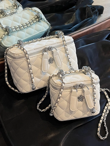 Women Quilted Rhombic Crossbody Bag PU Leather Luxury Chain Strap Small Square Bag With Camellia Flower Charm Vanity Case