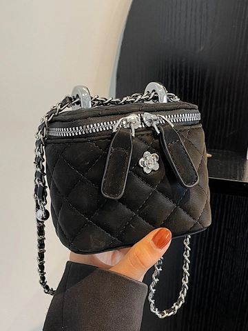Women Quilted Rhombic Crossbody Bag PU Leather Luxury Chain Strap Small Square Bag With Camellia Flower Charm Vanity Case
