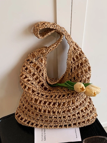 Bolso Tote de Paja Tejido a Mano para Mujer Verano Calado Playa Vacaciones Bolso de Hombro Material Natural Ligero