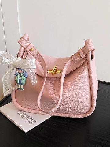 Sac Bandoulière Doux en Cuir PU pour Femmes Mode Sac Oreiller Grain de Galet Avec Dentelle Perle Artificielle Charme de Dessin Animé